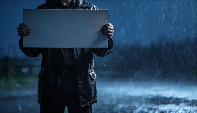 Noir rainy night man holding blank signboard cinematic protest message concept