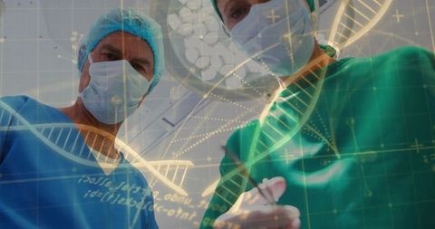 Surgeons performing surgery with dna helix overlay, surgical team exploring genetic medicine