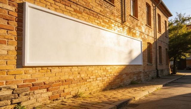Blank billboard on sunlit brick wall over cobblestone street with tree shadows