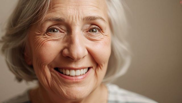 Smiling senior woman showing laugh lines and crow's feet, closeup portrait with soft light
