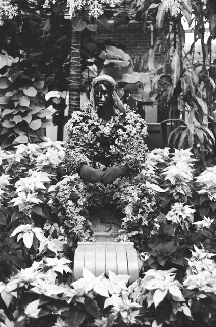 A unique artistic installation featuring a human statue covered entirely in flowers, located in a lush garden surrounded by various plants. Ideal for use in artistic and botanical publications, creative design inspiration, and advertisements related to nature, gardening, and art.