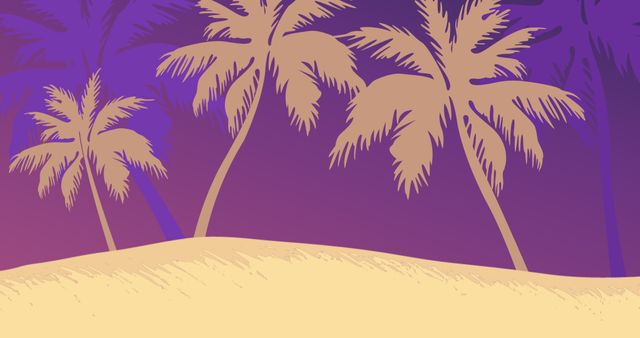 Illustrative image of palm trees growing at sandy beach against violet clear sky, copy space. Tropical climate, vector, abstract, nature and scenery concept.