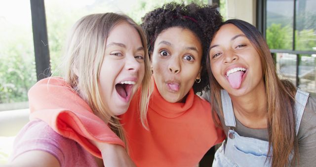 Portrait of happy diverse teenager girls looking at camera and making faces. Spending quality time, lifestyle, friendship and adolescence concept.