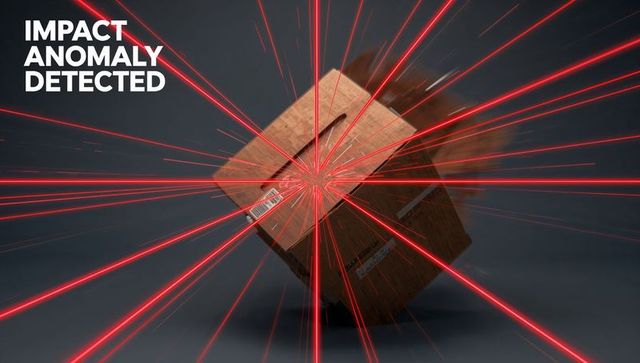 Tilting corrugated box surrounded by red laser beams, impact anomaly detected