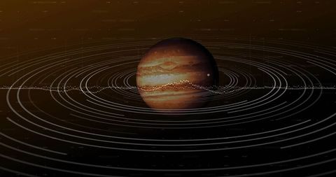 Rotating gas giant with concentric orbital rings, dotted data belt and sci-fi infographic