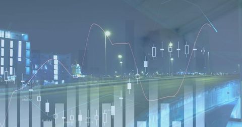 Financial data analytics overlaid on urban scene at night