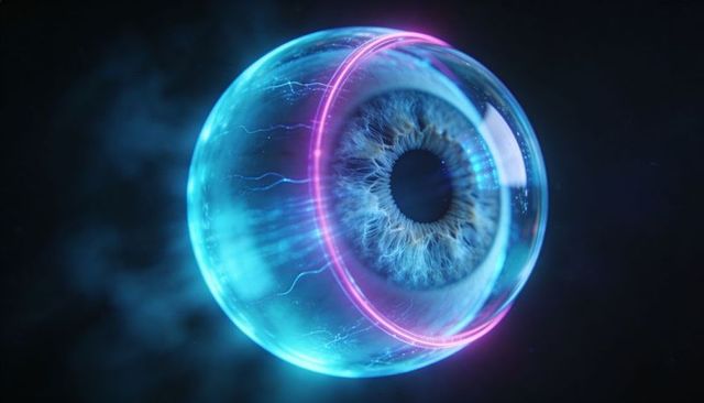 Floating glassy iris orb glowing cyan magenta ring futuristic holographic eye
