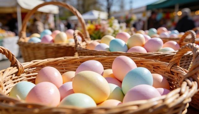 Displaying pastel-dyed Easter eggs in wicker baskets at sunlit outdoor spring market