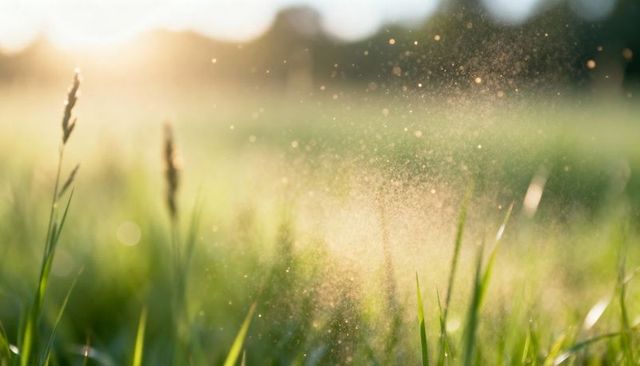 Sunlit meadow pollen drifting over swaying grass blades during golden hour backlit close-up