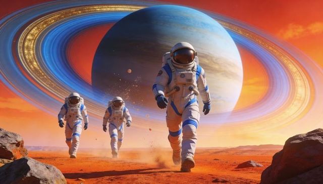 Astronaut team trekking on red desert with massive ringed gas giant looming overhead
