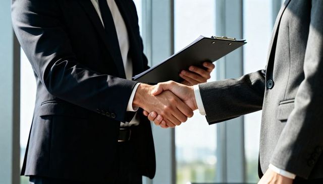 Businessmen shaking hands sealing corporate deal in sunlit office