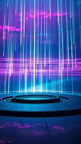 Futuristic neon stage presenting vertical cyan light columns forming holographic magenta grid