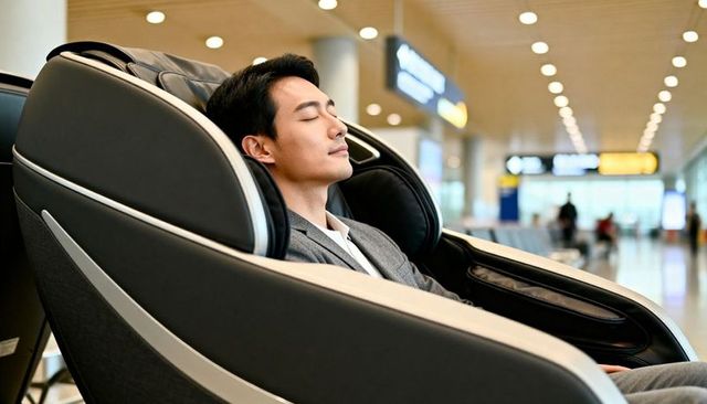 Asian business traveler relaxing in luxury massage chair at modern airport terminal