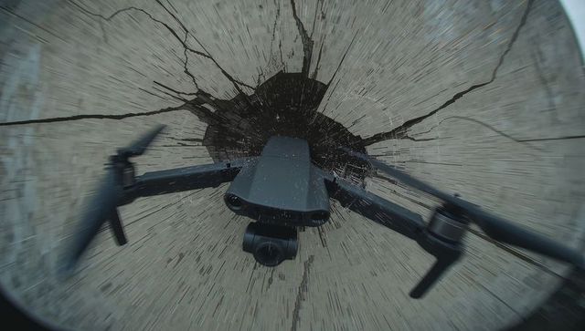 Black folding drone flying through shattered glass with camera gimbal in motion