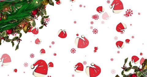 Festive Christmas Background with Santa Hats and Snowflakes
