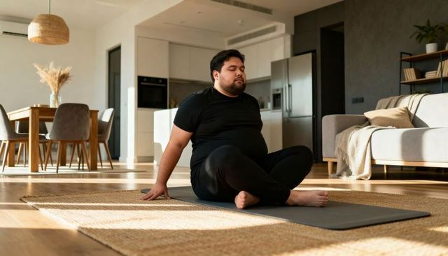 Man doing seated stretching on yoga mat in sunlit open-plan living room for home wellness
