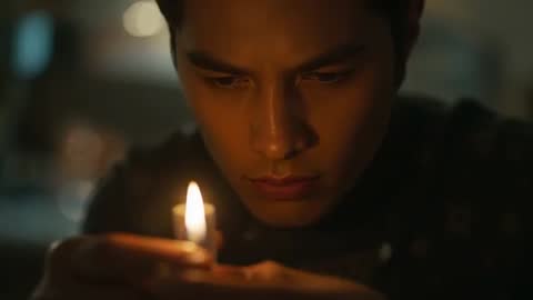 Asian man cupping candle flame, gazing intently and protecting warm glow in intimate clip