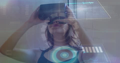 Woman Exploring Virtual Reality with Futuristic Data Display