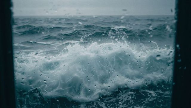 Crashing waves through ship's hatch during stormy seas