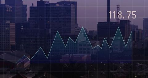 Teal Line Chart Overlaying Dusk City Skyline Showing Market Trend 118.75