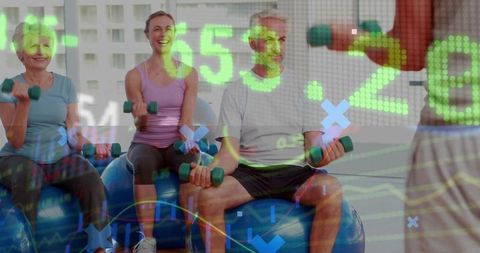 Fitness class with data overlay represents wellness and future trends