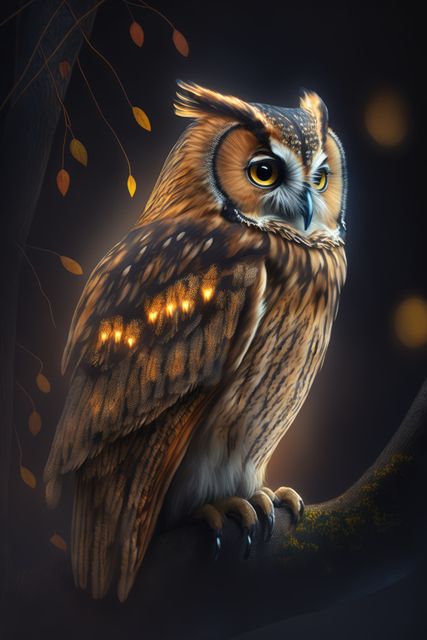 Close up of owl perched on tree branch, created using generative ai technology. Nature, bird, wild animal and wildlife concept digitally generated image.
