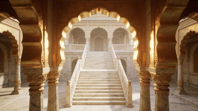 Sunlit marble staircase with scalloped arches, gilded trim and carved columns