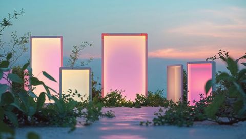 Colorful rectangular light panels in zen garden setting
