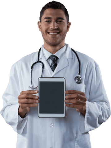 Smiling Doctor Holding Transparent Digital Tablet for Medical Display