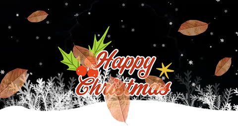 Festive Christmas Greeting with Winter Landscape and Leaves