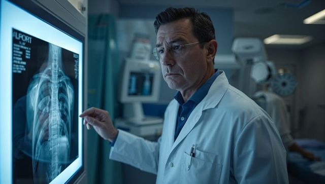 Doctor examining chest x-ray on lightbox in hospital radiology suite