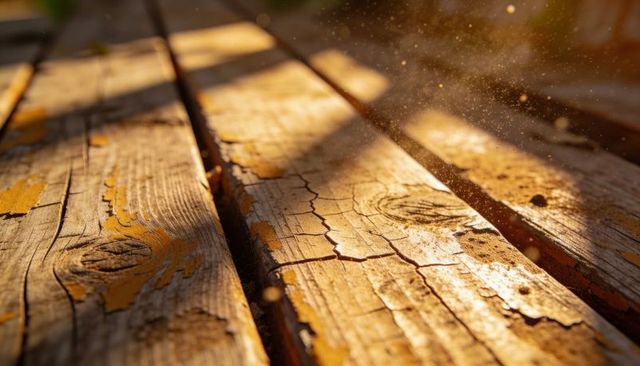 Sunlit weathered wooden planks with peeling yellow paint and floating dust motes on bench