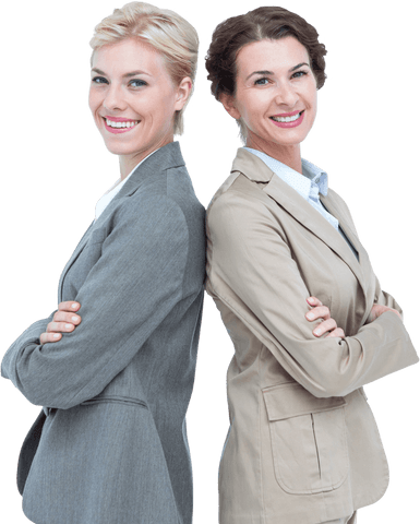 Two businesswomen are standing back-to-back with confident expressions, dressed in professional attire. This composition conveys a message of teamwork, collaboration, and success in the business world. Ideal for use in marketing materials, articles about women's leadership, corporate presentations, and career development resources.