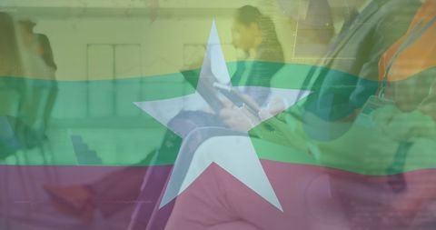 Myanmar Flag Overlies Business Meeting Background Conceptual Layout
