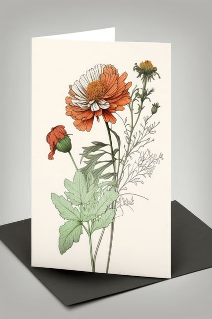Beautiful botanical illustration greeting card features an intricate drawing of an orange flower with accompanying greenery on a plain background. Ideal for occasions such as birthdays, thank-you notes, and well-wishes. Suitable for stationery shops, designers, and illustrators looking to convey a vintage and elegant aesthetic.