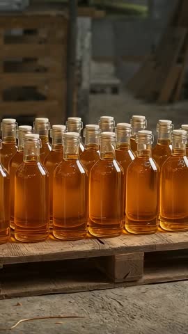 Panning up workshop revealing rows of amber bottles resting on wooden pallet
