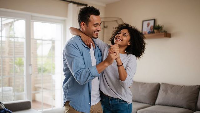 Sunlit living room dancing couple embracing and laughing, casual joyful home romance moment