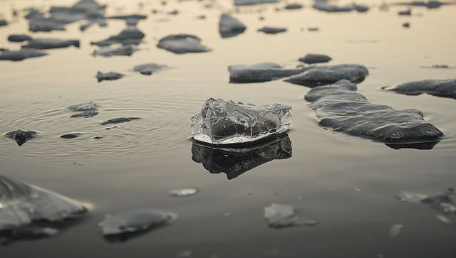 Glinting translucent ice chunk floating on calm lagoon reflecting warm sunrise light