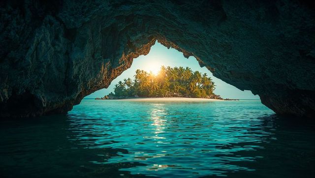 Idyllic Island View through Cave with Palms and Turquoise Waters