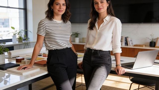 Design partners collaborating over material swatches in bright modern studio