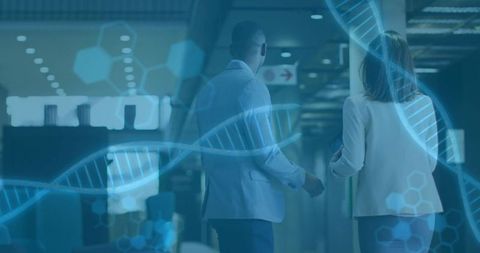 Colleagues Discussing Research with DNA Helix Overlay in Modern Corridor