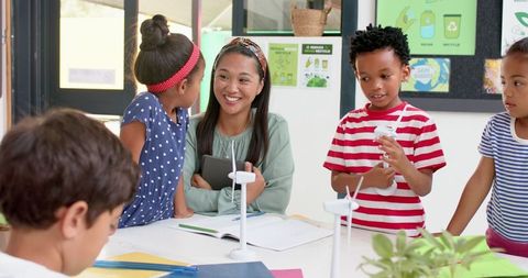 Teacher Engaging Students with Wind Turbine Models for STEM Learning - Download Free Stock Images Pikwizard.com