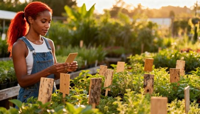 Young gardener reading plant labels with smartphone in nursery during golden hour