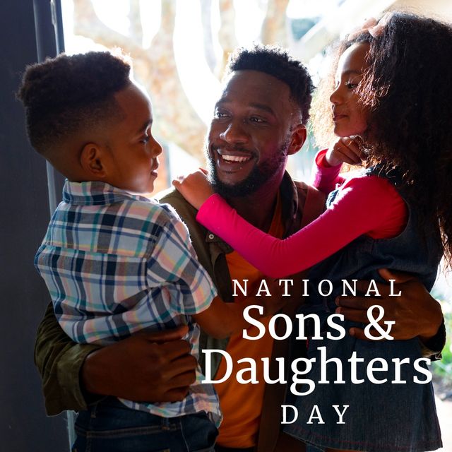 This image depicts an African American father warmly embracing his children at the entrance of their home. The text signifies that they are celebrating National Sons and Daughters Day, indicating a special moment of family bonding. This would be great for use in social media posts, blogs, and articles focused on family celebrations and parent-child relationships. It can also serve as a positive image for promotional materials related to family events, parenting resources, and public holiday announcements.