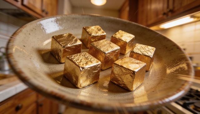 Golden foil chocolate cubes on ceramic plate in warm kitchen close-up for gourmet branding