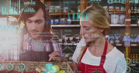 Grocery employees inspecting produce while displaying augmented data analytics overlay