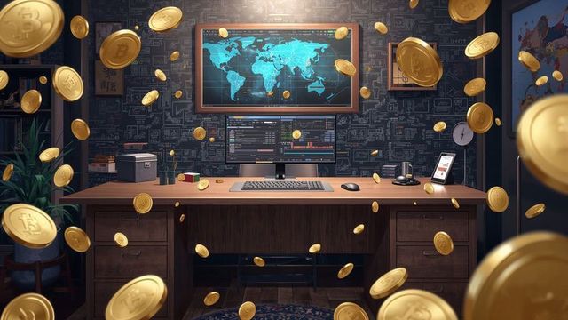 Bitcoin coins swarming virtual home trading desk