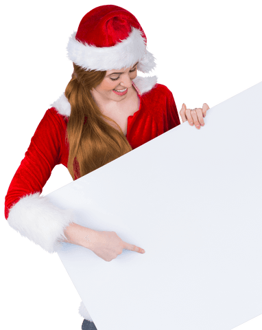 Smiling Woman in Santa Costume Presenting Blank Card on Transparent Background