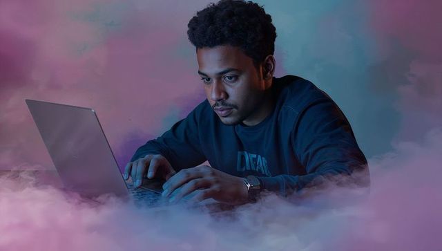 Focused Man Typing on Laptop in Mystic Colorful Light Ambience