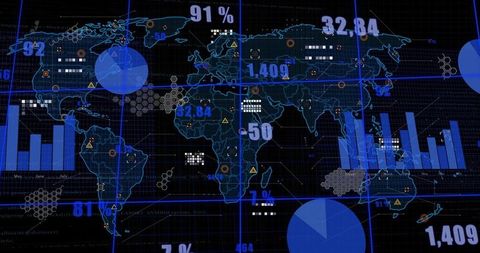 Global Data Dashboard Displaying Interactive Analytics Map with Charts and Metrics